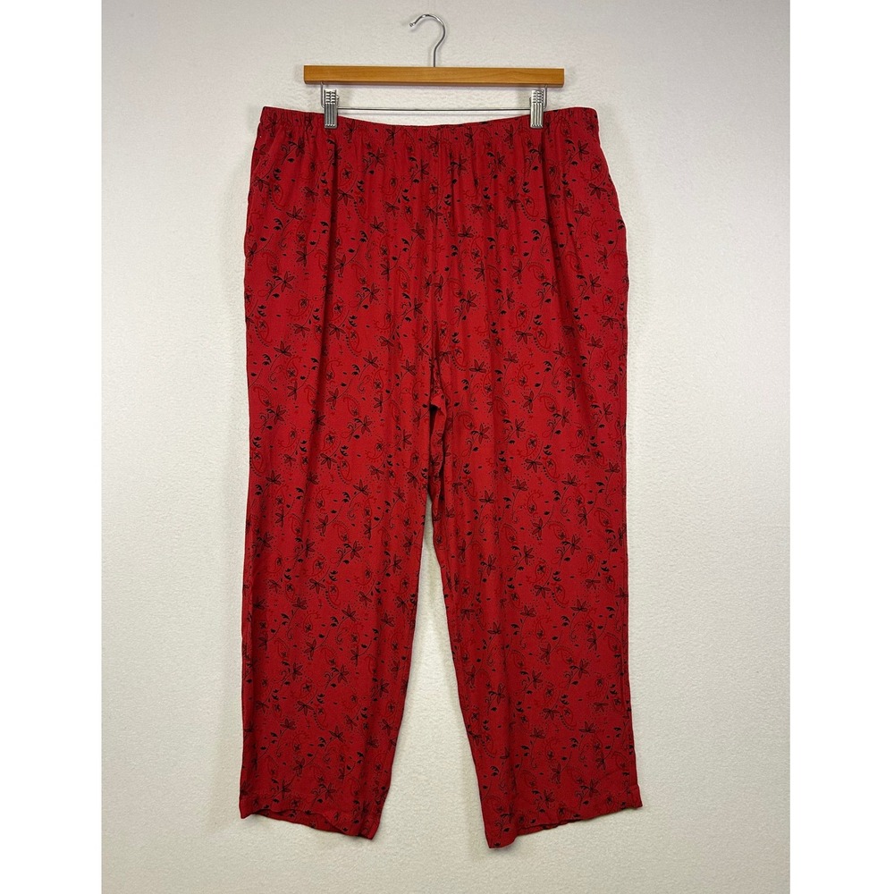 Boho Venezia Women 18/20 Red Floral Paisley Rayon Elastic‎ Waist Straight Pants